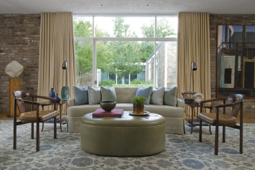 West Lane Residence Living Room: The occasional chairs are by Edward Wormley for Dunbar. The rug is a modern interpretation of an antique Agra rug whose design elements foreshadowed modernist elements. Houston, TX