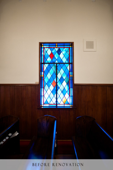 Before renovation, St. Mark's Episcopal Church pews and stained glass window, Houston, TX