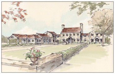 Longwood Farm front facade and grounds drawing, Chappell Hill, TX