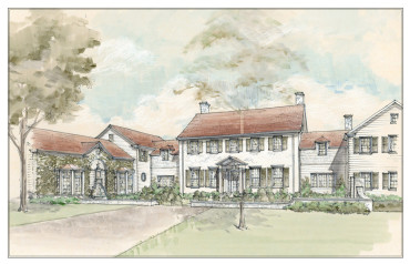 Longwood Farm front facade drawing, Chappell Hill, TX