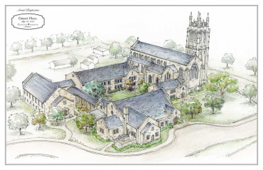 The Episcopal Church of the Heavenly Rest, aerial view drawing by Curtis & Windham Architects, Houston, TX.
